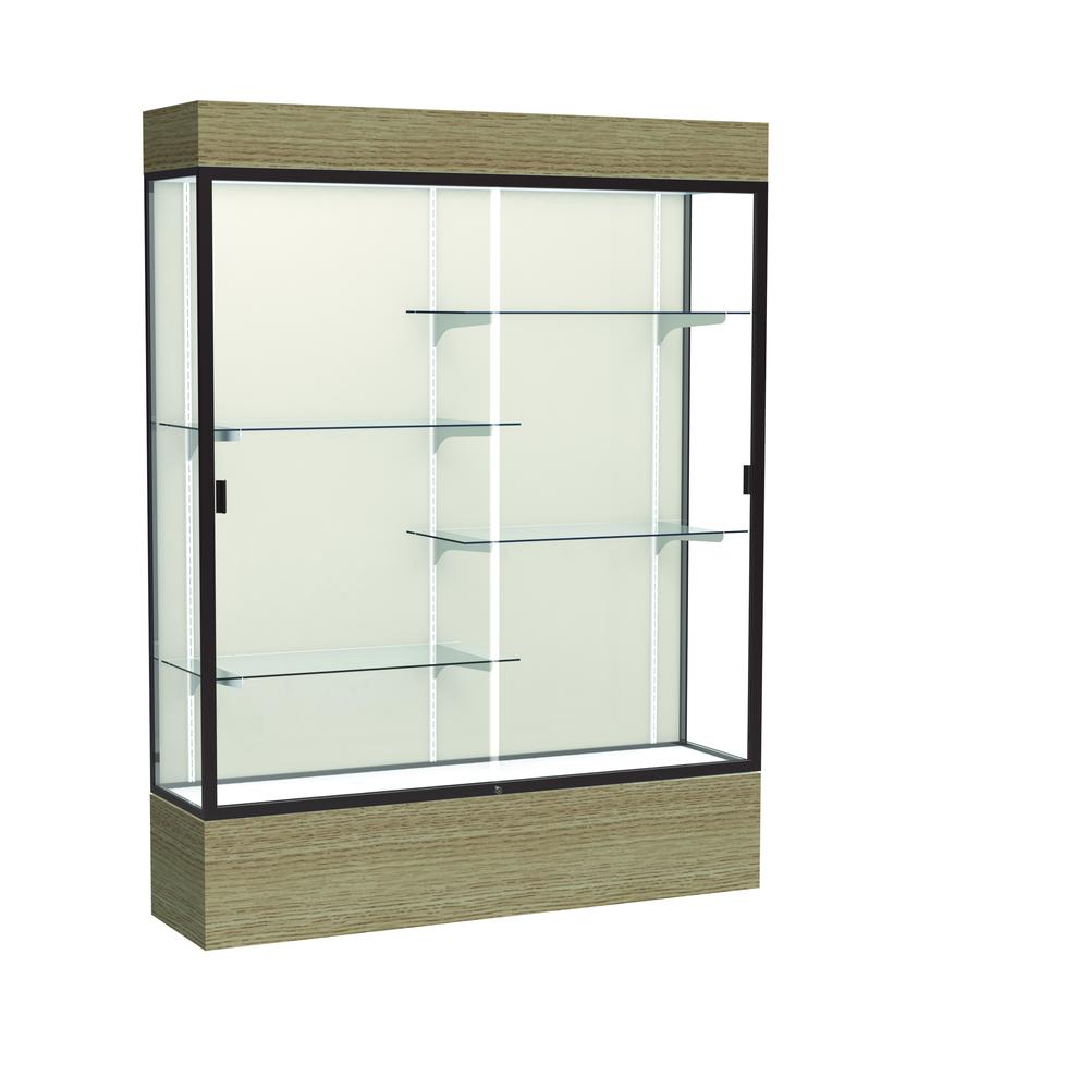 Reliant   60"W x 80"H x 16"D  Lighted Floor Case, Plaque Back, Dk. Bronze Finish,  Driftwood Base. Picture 1
