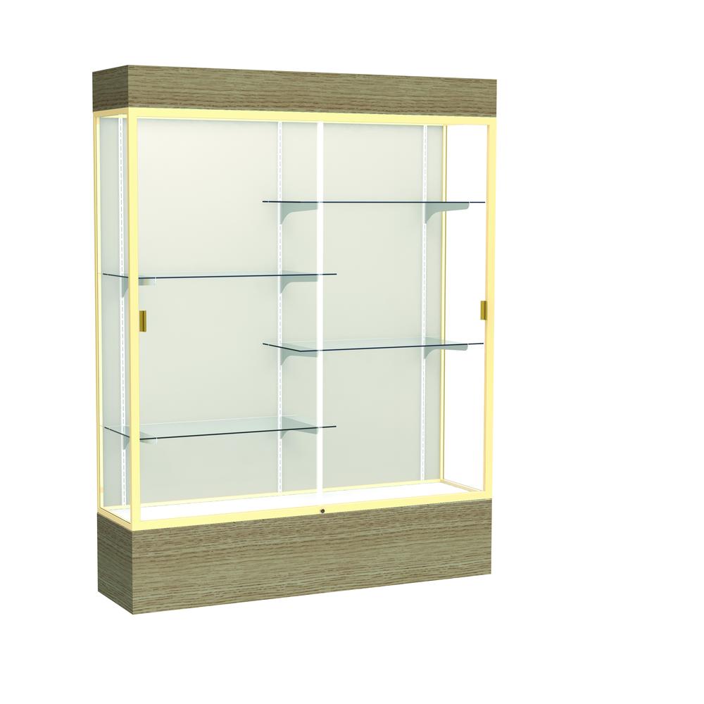 Reliant   60"W x 80"H x 16"D  Lighted Floor Case, Plaque Back, Champagne Finish,  Driftwood Base. Picture 1