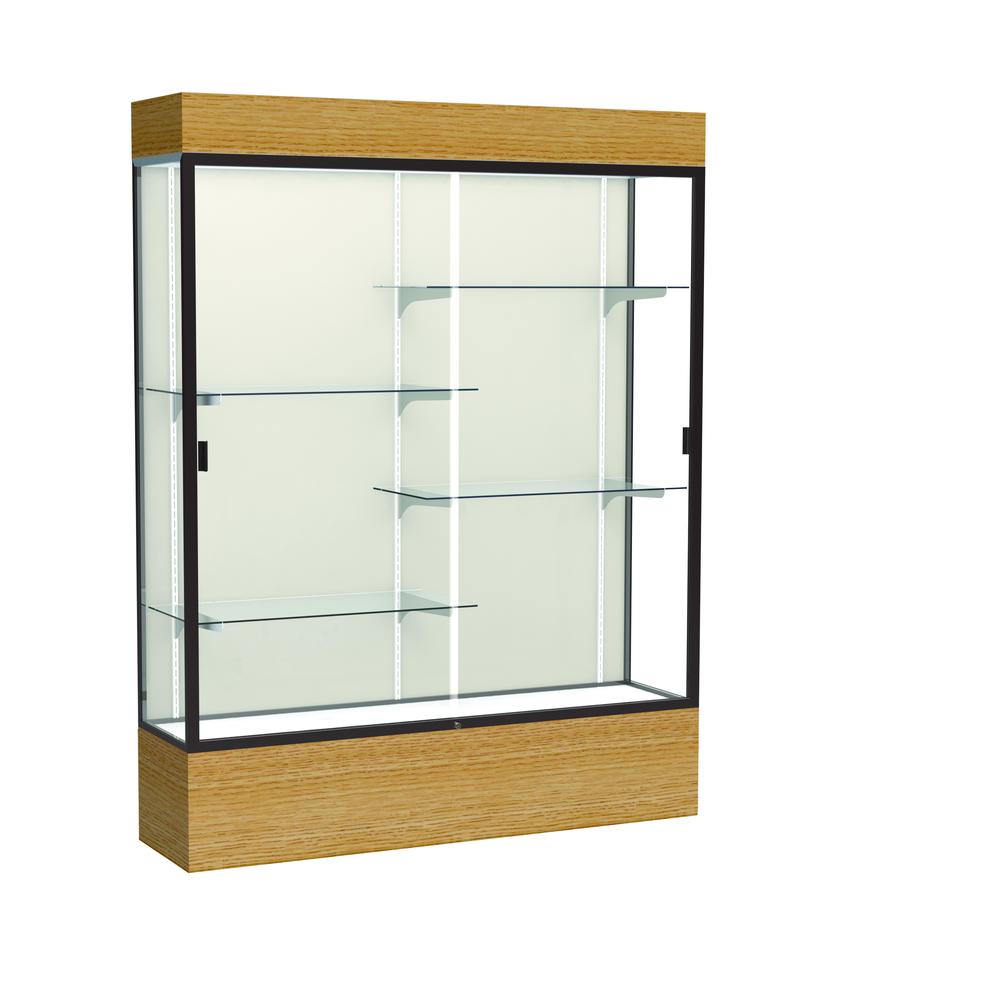 Reliant   60"W x 80"H x 16"D  Lighted Floor Case, Plaque Back, Dk. Bronze Finish,  Natural Oak Base. Picture 1