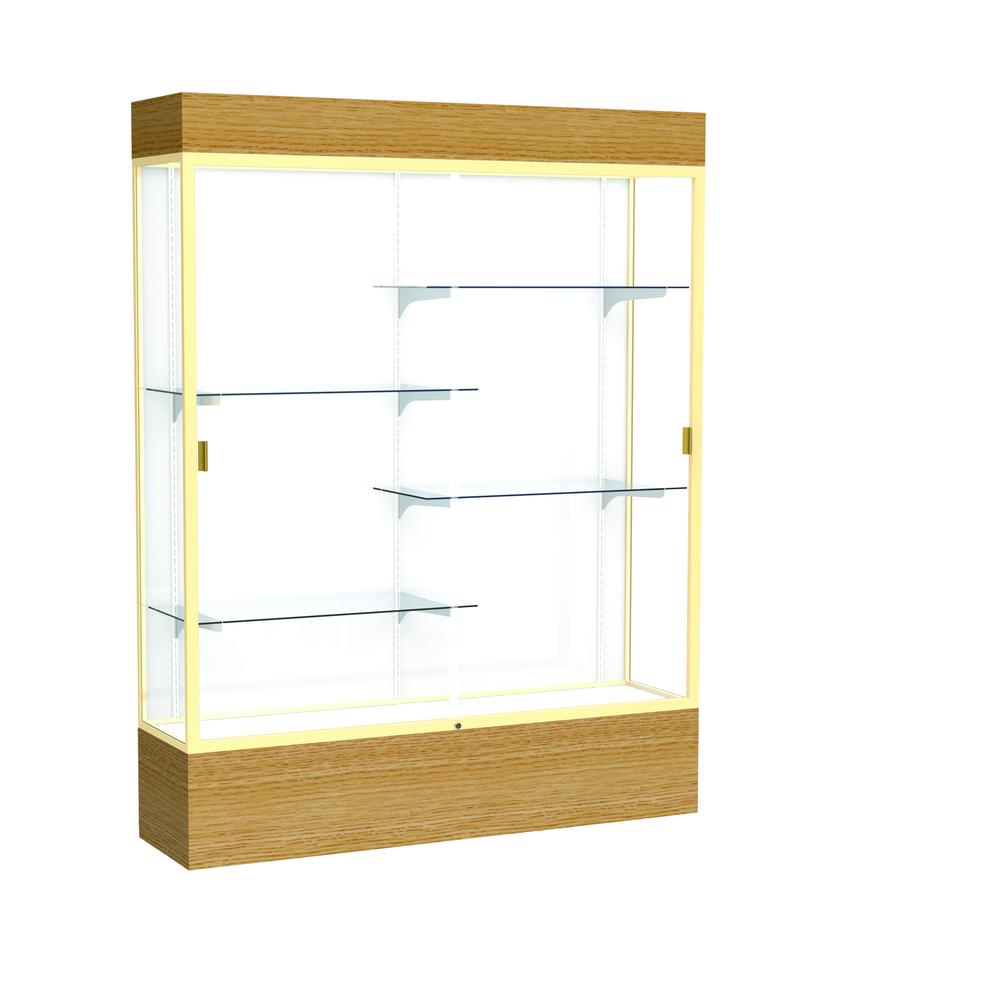 Reliant   60"W x 80"H x 16"D  Lighted Floor Case, White Back, Champagne Finish,  Natural Oak Base. Picture 1