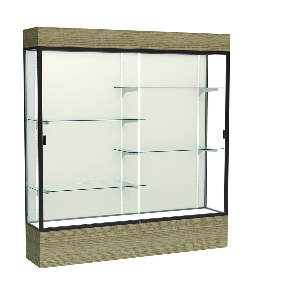Reliant   72"W x 80"H x 16"D  Lighted Floor Case, Plaque Back, Dk. Bronze Finish,  Driftwood Base. Picture 1