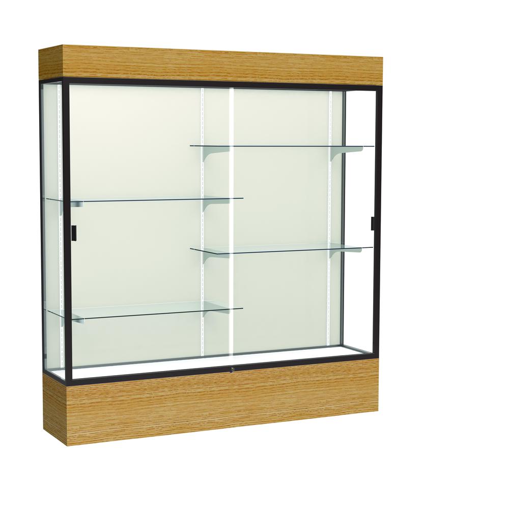 Reliant   72"W x 80"H x 16"D  Lighted Floor Case, Plaque Back, Dk. Bronze Finish,  Natural Oak Base. Picture 1