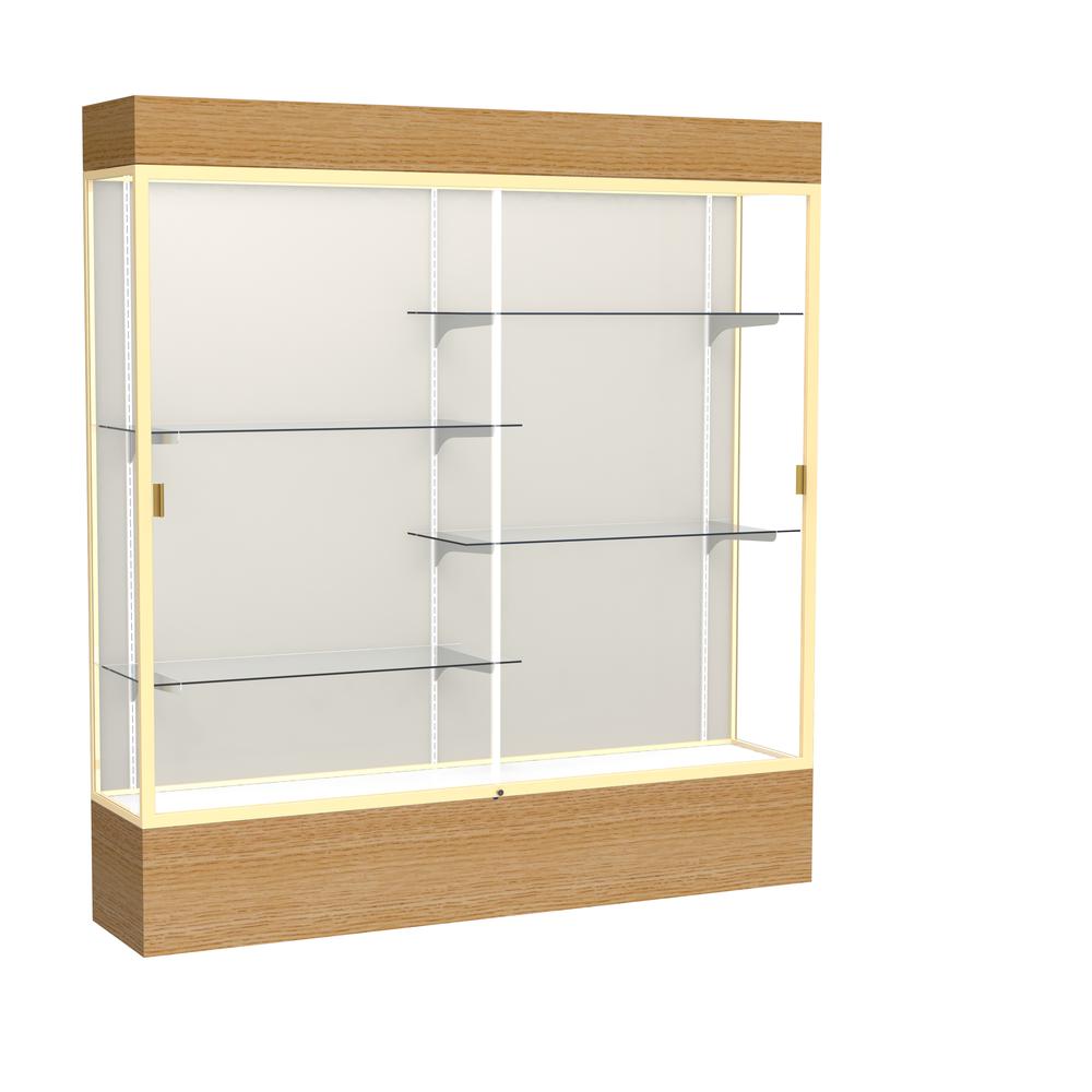 Reliant   72"W x 80"H x 16"D  Lighted Floor Case, Plaque Back, Champagne Finish,  Natural Oak Base. Picture 1