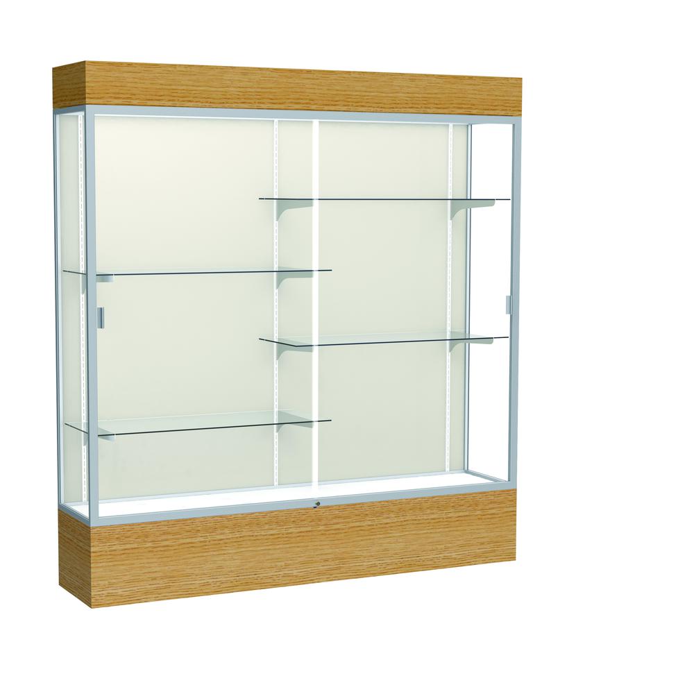 Reliant   72"W x 80"H x 16"D  Lighted Floor Case, Plaque Back, Satin Finish,  Natural Oak Base. Picture 1