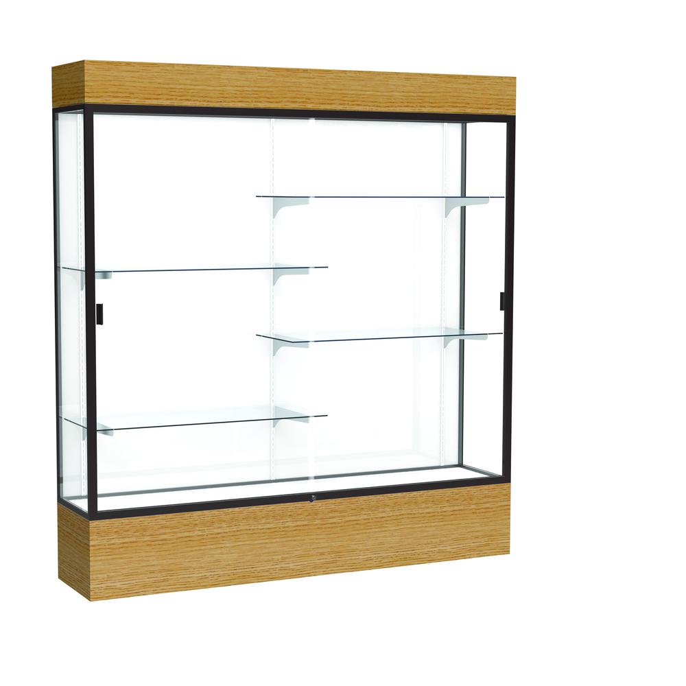 Reliant   72"W x 80"H x 16"D  Lighted Floor Case, White Back, Dk. Bronze Finish,  Natural Oak Base. Picture 1