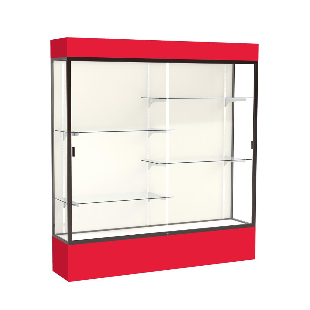 Spirit  72"W x 80"H x 16"D  Lighted Floor Case, Plaque Back, Dk. Bronze Finish, Red Base and Top. Picture 1