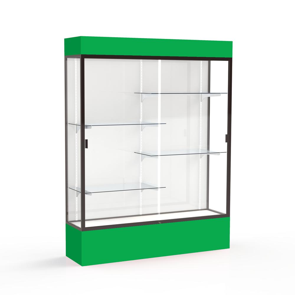 Spirit  60"W x 80"H x 16"D  Lighted Floor Case, White Back, Dk. Bronze Finish, Kelly Green Base and Top. Picture 1