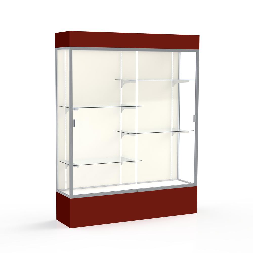 Spirit  60"W x 80"H x 16"D  Lighted Floor Case, Plaque Back, Satin Finish, Maroon Base and Top. Picture 1