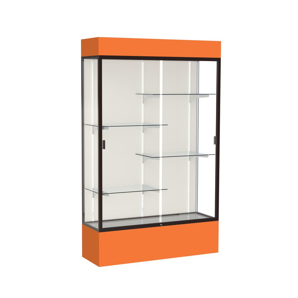 Spirit  48"W x 80"H x 16"D  Lighted Floor Case, Plaque Back, Dk. Bronze Finish, Orange Base and Top. Picture 1