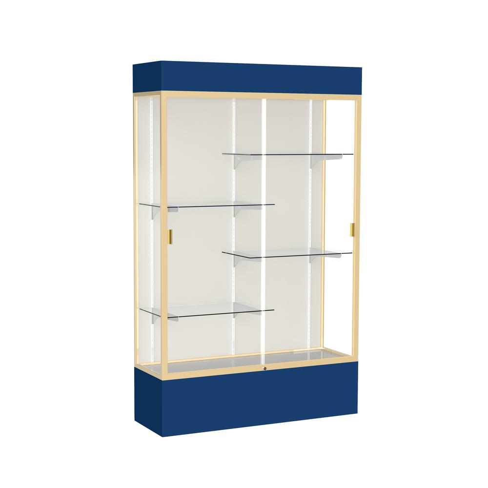 Spirit  48"W x 80"H x 16"D  Lighted Floor Case, Plaque Back, Champagne Finish, Navy Base and Top. Picture 1