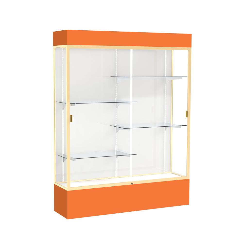 Spirit  60"W x 80"H x 16"D  Lighted Floor Case, White Back, Champagne Finish, Orange Base and Top. Picture 1