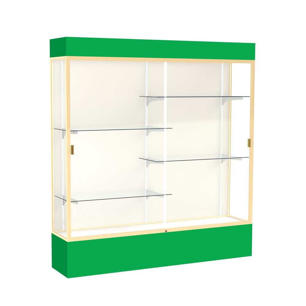 Spirit  72"W x 80"H x 16"D  Lighted Floor Case, Plaque Back, Champagne Finish, Kelly Green Base and Top. Picture 1