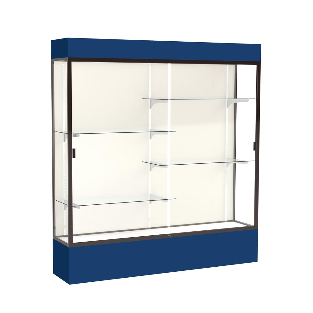 Spirit  72"W x 80"H x 16"D  Lighted Floor Case, Plaque Back, Dk. Bronze Finish, Navy Base and Top. Picture 1