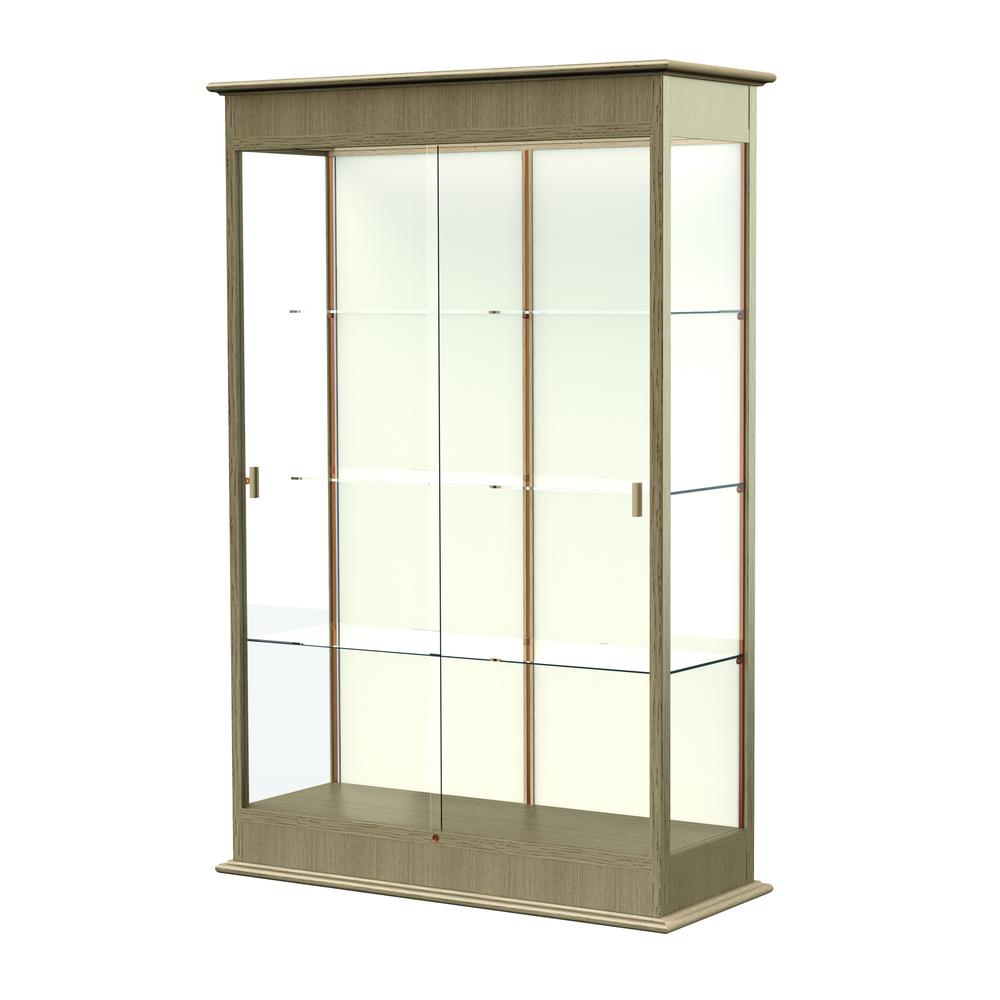 Varsity  48"W x 77"H x 18"D  Lighted Floor Case, Sliding Doors, Plaque Back, Driftwood Oak Finish. Picture 1