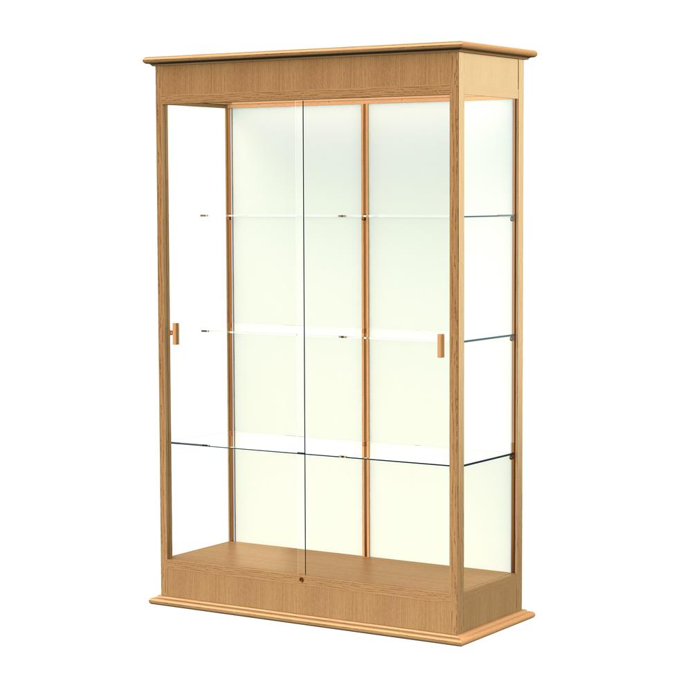 Varsity  48"W x 77"H x 18"D  Lighted Floor Case, Sliding Doors, Plaque Back, Natural Oak Finish. Picture 1