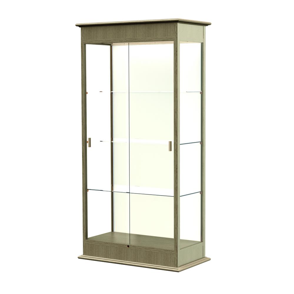 Varsity  36"W x 77"H x 18"D  Lighted Floor Case, Sliding Doors, Plaque Back, Driftwood Oak Finish. Picture 1