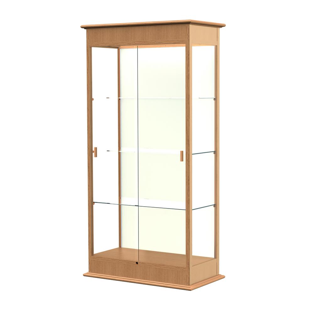 Varsity  36"W x 77"H x 18"D  Lighted Floor Case, Sliding Doors, Plaque Back, Natural Oak Finish. Picture 1