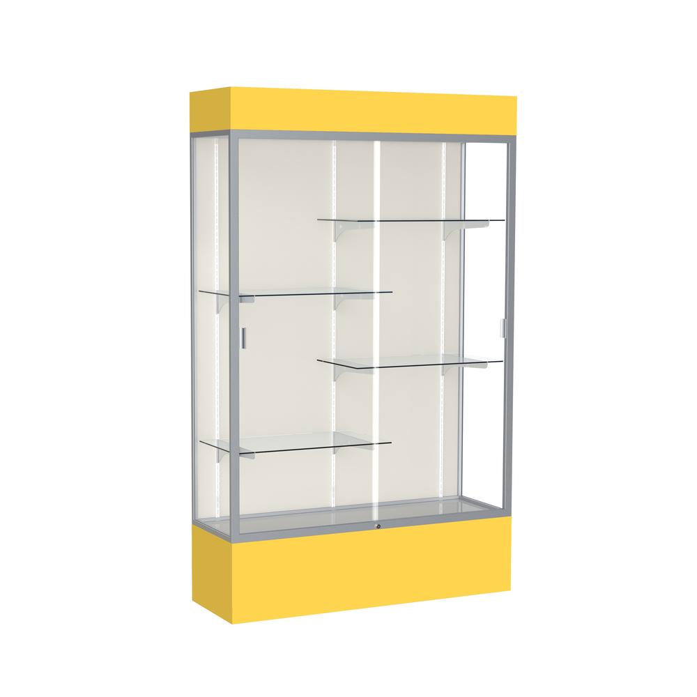Spirit  48"W x 80"H x 16"D  Lighted Floor Case, Plaque Back, Satin Finish, Goldenrod Base and Top. Picture 1