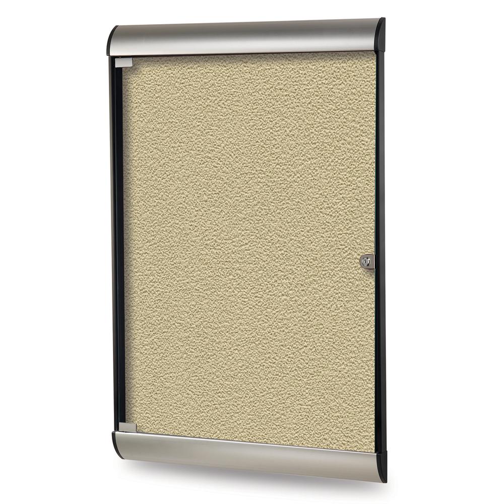 42⅛"x27¾" 1-Dr Silhouette Encl Bulletin Bd, Satin/Blk Fr, Vinyl Fabric Caramel. Picture 1