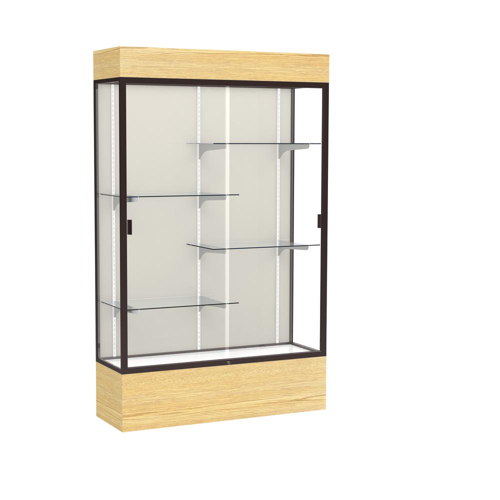 Reliant   48"W x 80"H x 16"D  Lighted Floor Case, Plaque Back, Dk. Bronze Finish,  Lt. Oak Vinyl Base. Picture 1