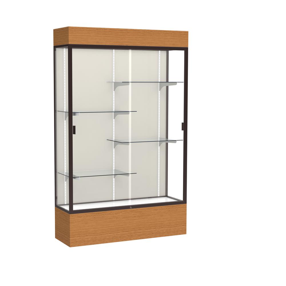 Reliant   48"W x 80"H x 16"D  Lighted Floor Case, Plaque Back, Dk. Bronze Finish,  Carmel Oak Base. Picture 1