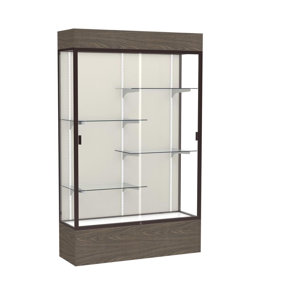 Reliant   48"W x 80"H x 16"D  Lighted Floor Case, Plaque Back, Dk. Bronze Finish,  Walnut Vinyl Base. Picture 1