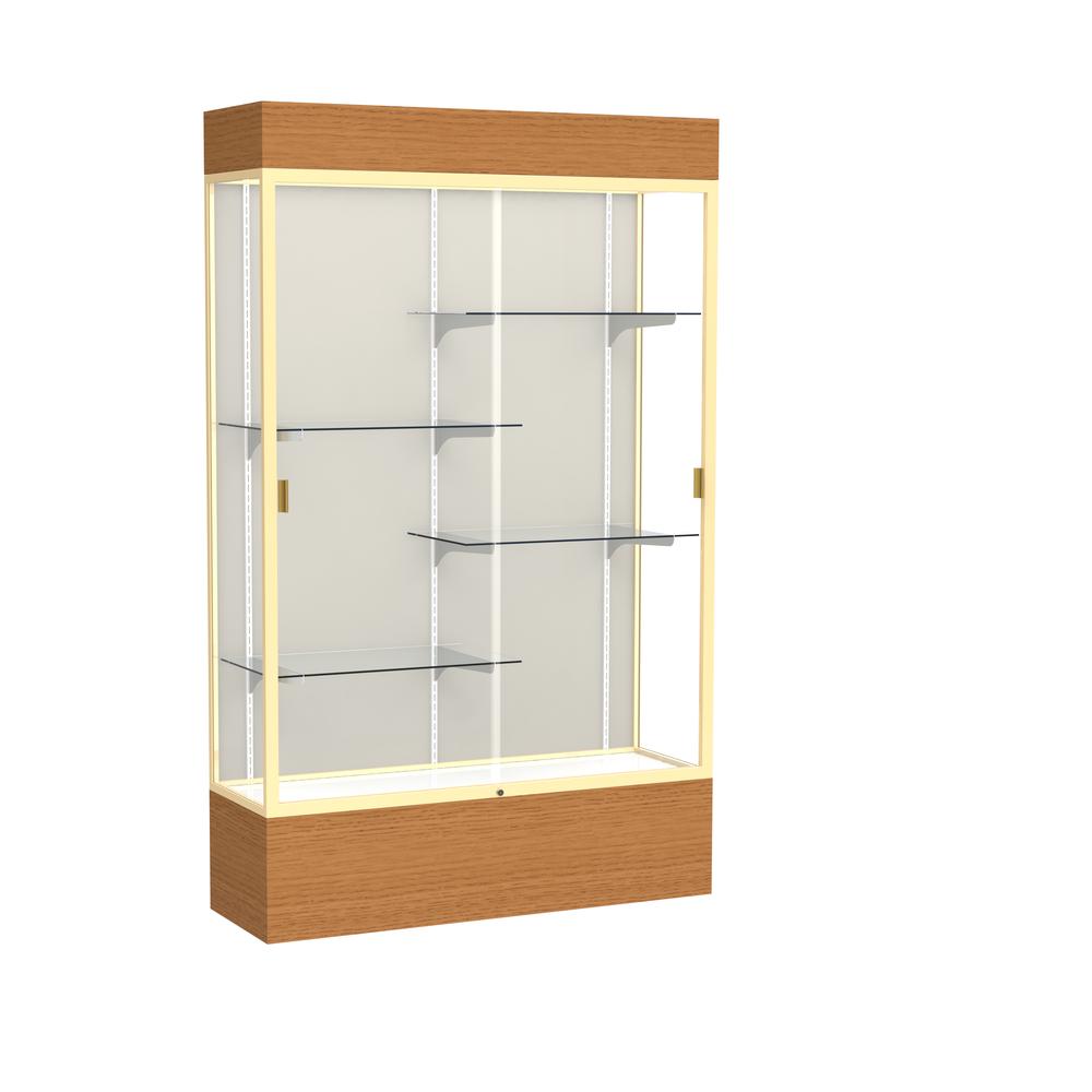 Reliant   48"W x 80"H x 16"D  Lighted Floor Case, Plaque Back, Champagne Finish,  Carmel Oak Base. Picture 1