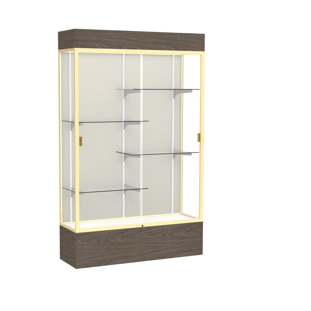 Reliant   48"W x 80"H x 16"D  Lighted Floor Case, Plaque Back, Champagne Finish,  Walnut Vinyl Base. Picture 1