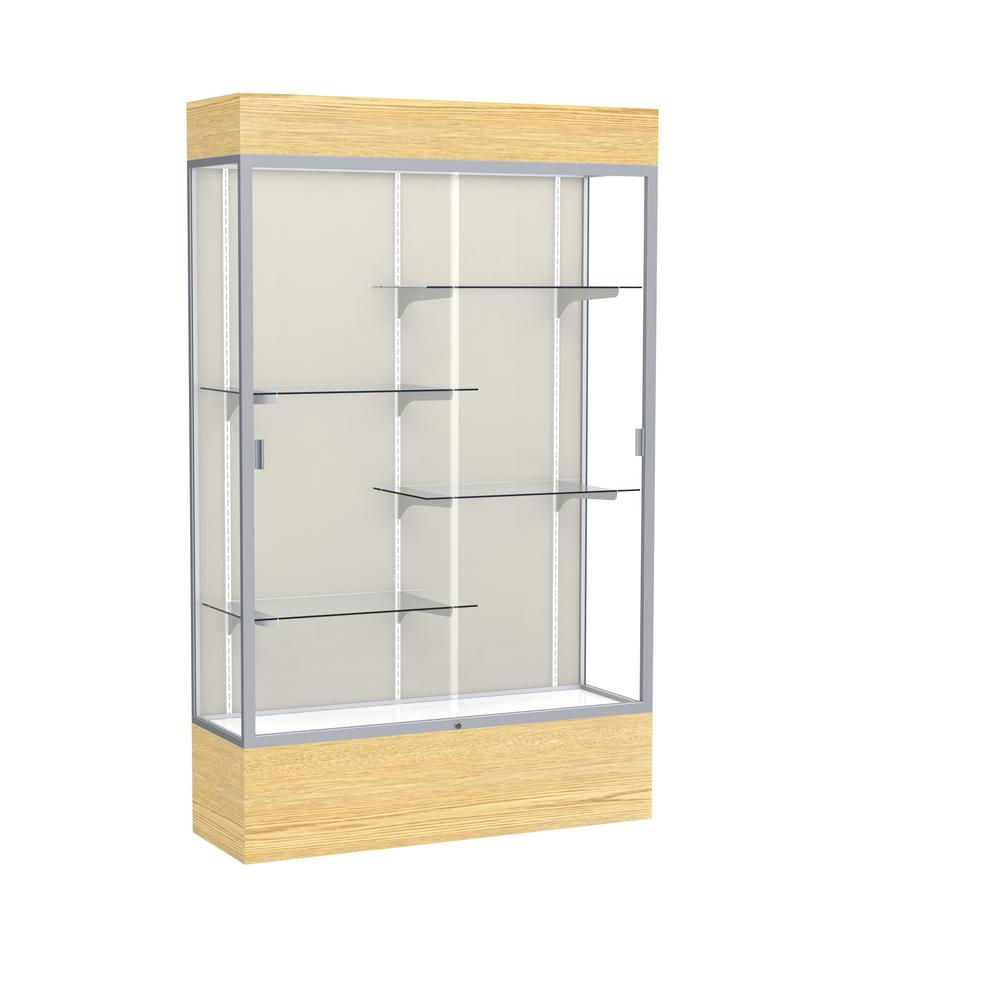 Reliant   48"W x 80"H x 16"D  Lighted Floor Case, Plaque Back, Satin Finish,  Lt. Oak Vinyl Base. Picture 1