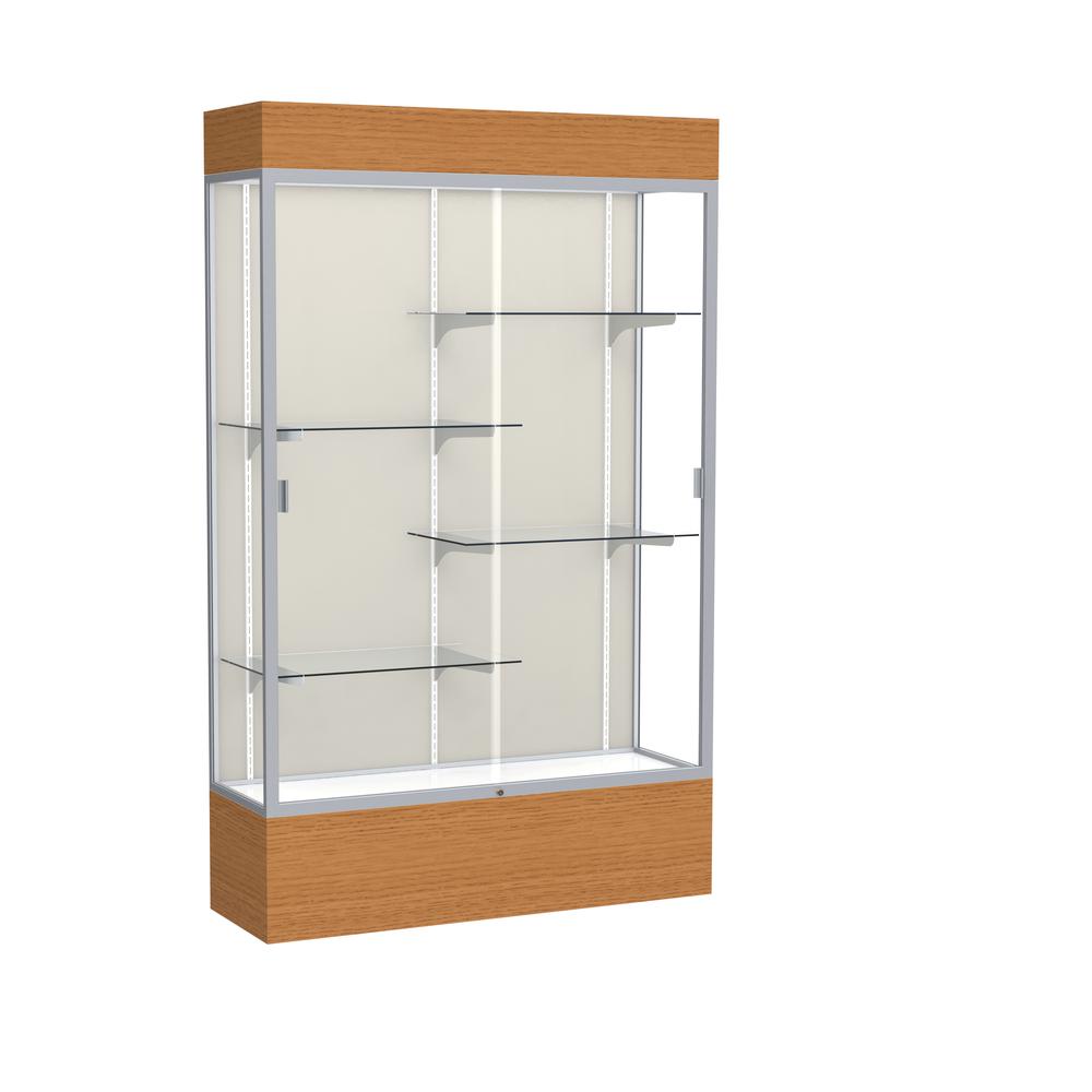 Reliant   48"W x 80"H x 16"D  Lighted Floor Case, Plaque Back, Satin Finish,  Carmel Oak Base. Picture 1