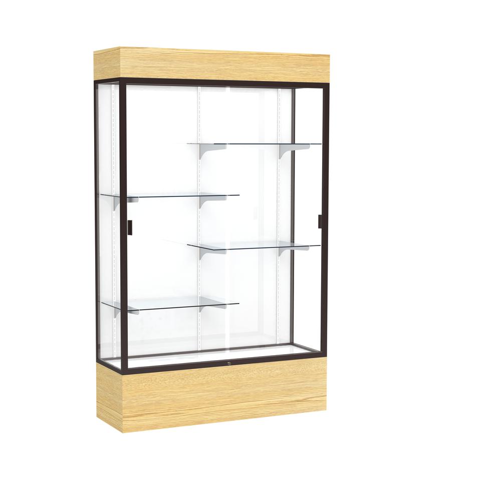 Reliant   48"W x 80"H x 16"D  Lighted Floor Case, White Back, Dk. Bronze Finish,  Lt. Oak Vinyl Base. Picture 1