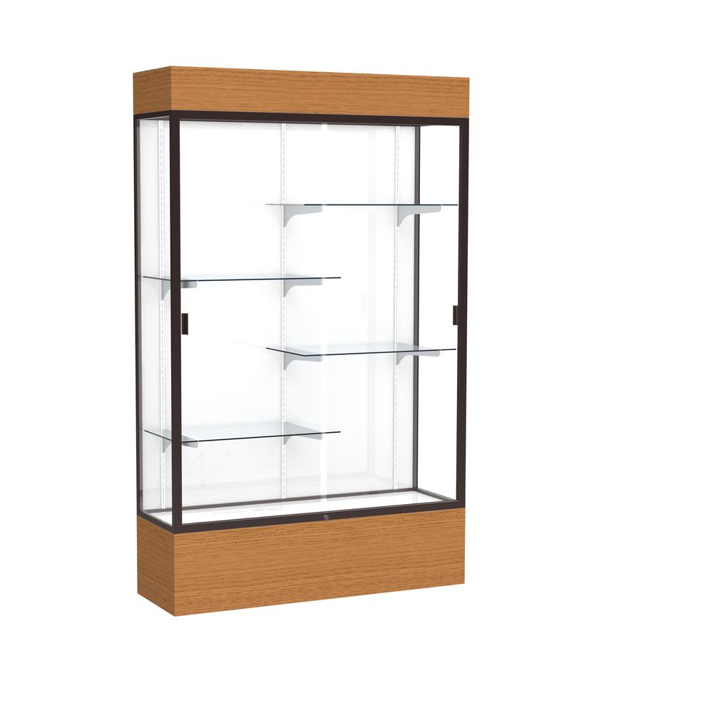 Reliant   48"W x 80"H x 16"D  Lighted Floor Case, White Back, Dk. Bronze Finish,  Carmel Oak Base. Picture 1