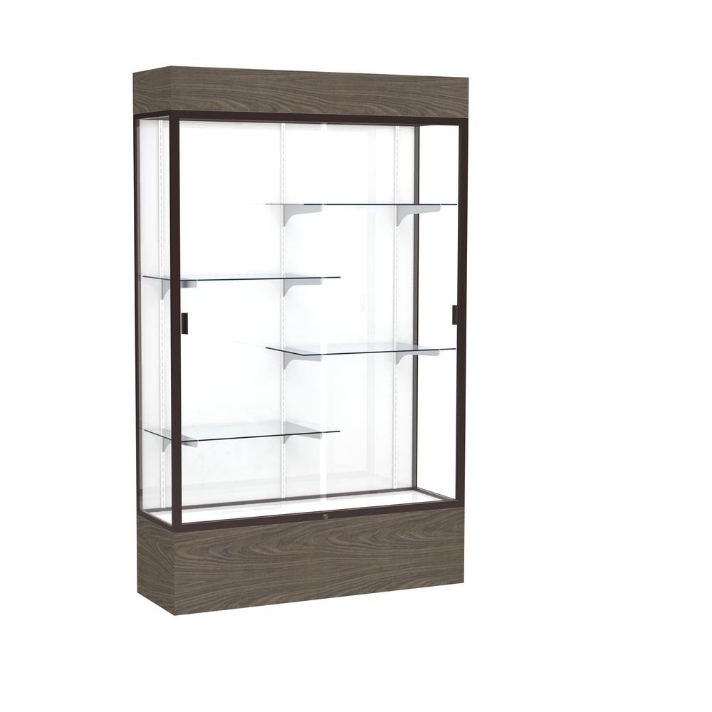 Reliant   48"W x 80"H x 16"D  Lighted Floor Case, White Back, Dk. Bronze Finish,  Walnut Vinyl Base. Picture 1