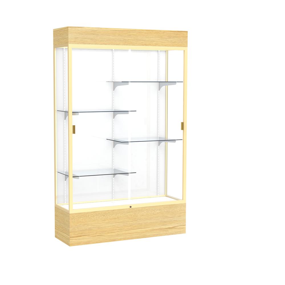 Reliant   48"W x 80"H x 16"D  Lighted Floor Case, White Back, Champagne Finish,  Lt. Oak Vinyl Base. Picture 1