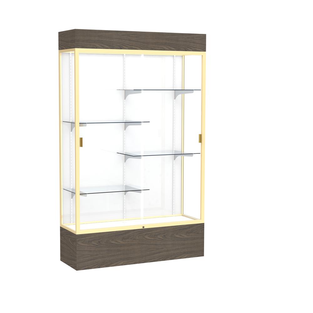 Reliant   48"W x 80"H x 16"D  Lighted Floor Case, White Back, Champagne Finish,  Walnut Vinyl Base. Picture 1