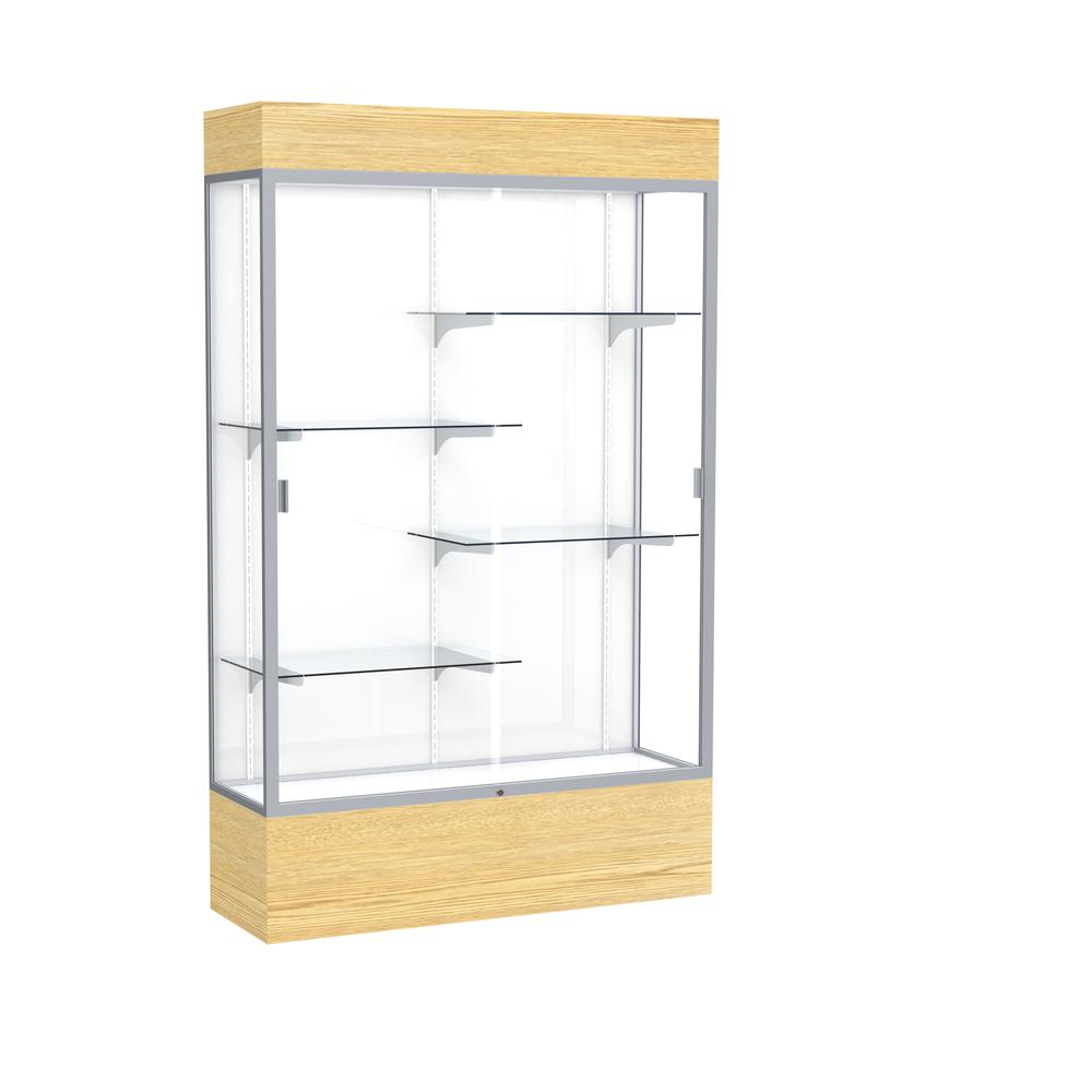 Reliant   48"W x 80"H x 16"D  Lighted Floor Case, White Back, Satin Finish,  Lt. Oak Vinyl Base. Picture 1