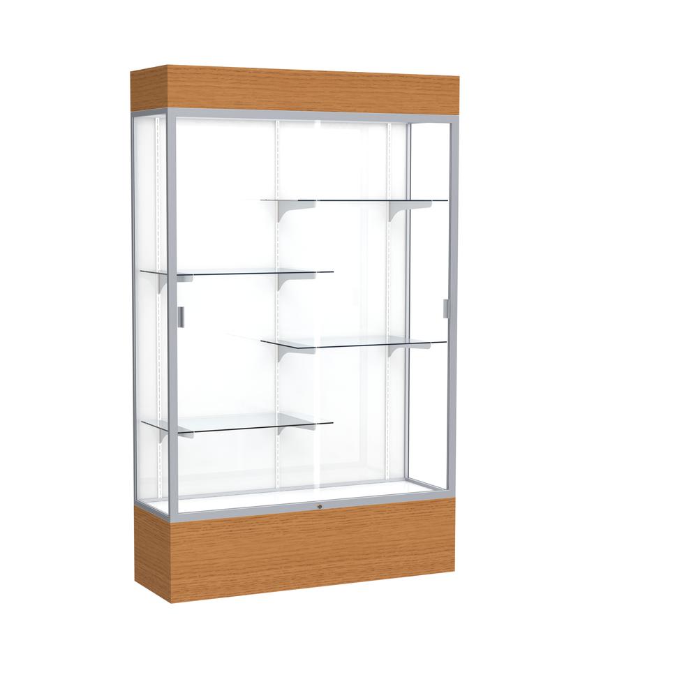 Reliant   48"W x 80"H x 16"D  Lighted Floor Case, White Back, Satin Finish,  Carmel Oak Base. Picture 1