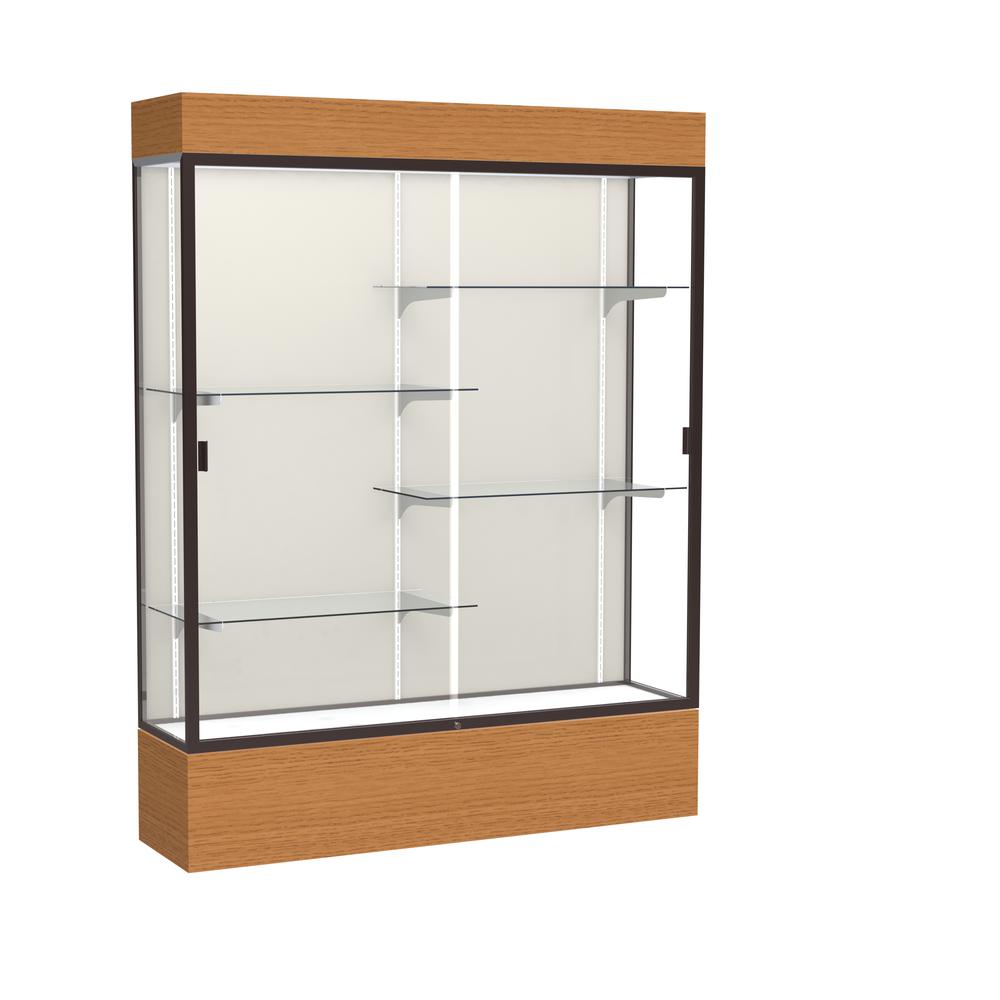 Reliant   60"W x 80"H x 16"D  Lighted Floor Case, Plaque Back, Dk. Bronze Finish,  Carmel Oak Base. Picture 1