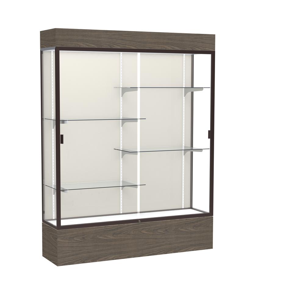 Reliant   60"W x 80"H x 16"D  Lighted Floor Case, Plaque Back, Dk. Bronze Finish,  Walnut Vinyl Base. Picture 1