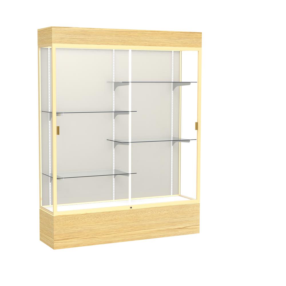 Reliant   60"W x 80"H x 16"D  Lighted Floor Case, Plaque Back, Champagne Finish,  Lt. Oak Vinyl Base. Picture 1