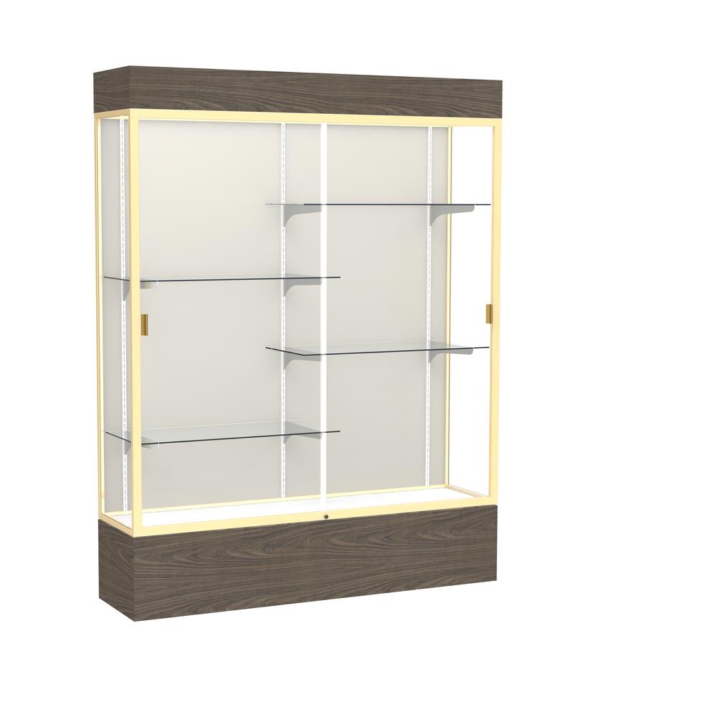 Reliant   60"W x 80"H x 16"D  Lighted Floor Case, Plaque Back, Champagne Finish,  Walnut Vinyl Base. Picture 1