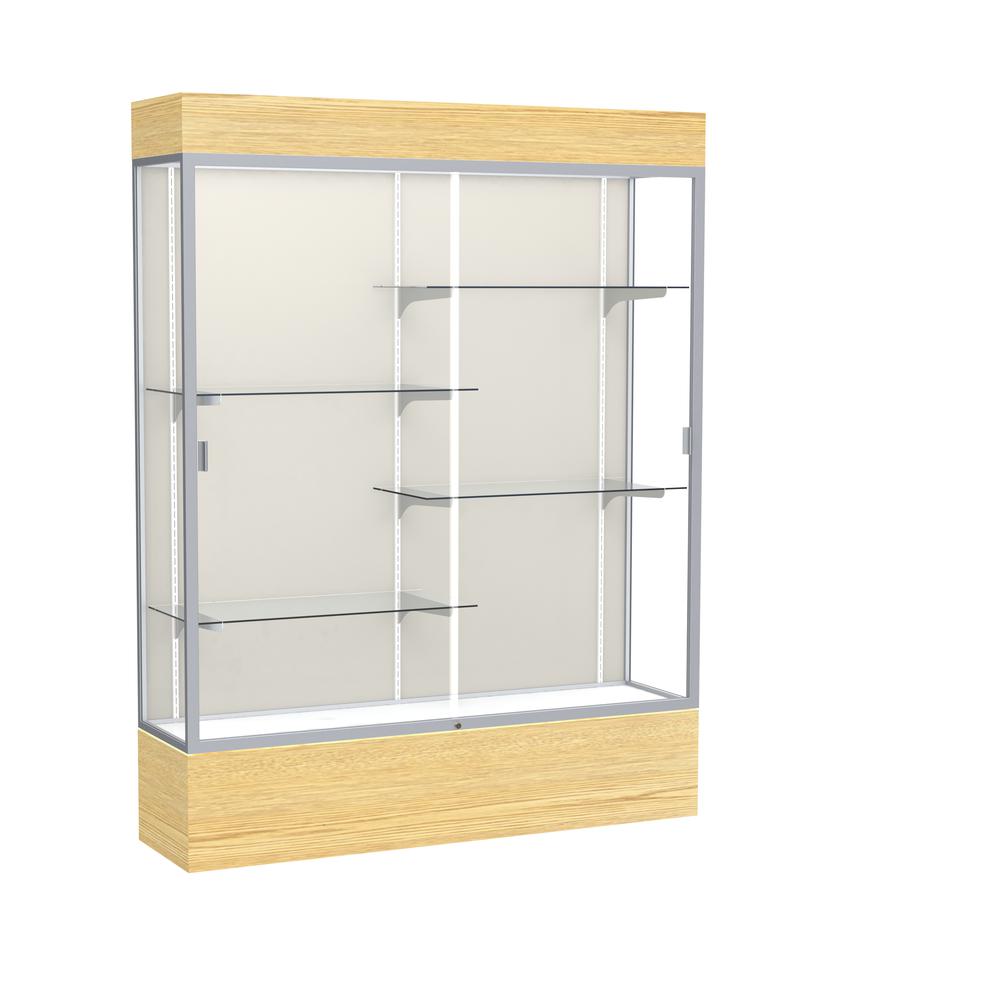 Reliant   60"W x 80"H x 16"D  Lighted Floor Case, Plaque Back, Satin Finish,  Lt. Oak Vinyl Base. Picture 1