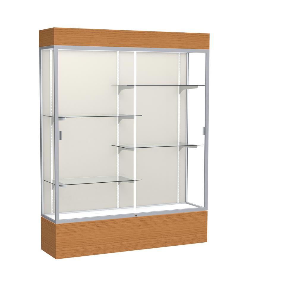 Reliant   60"W x 80"H x 16"D  Lighted Floor Case, Plaque Back, Satin Finish,  Carmel Oak Base. Picture 1
