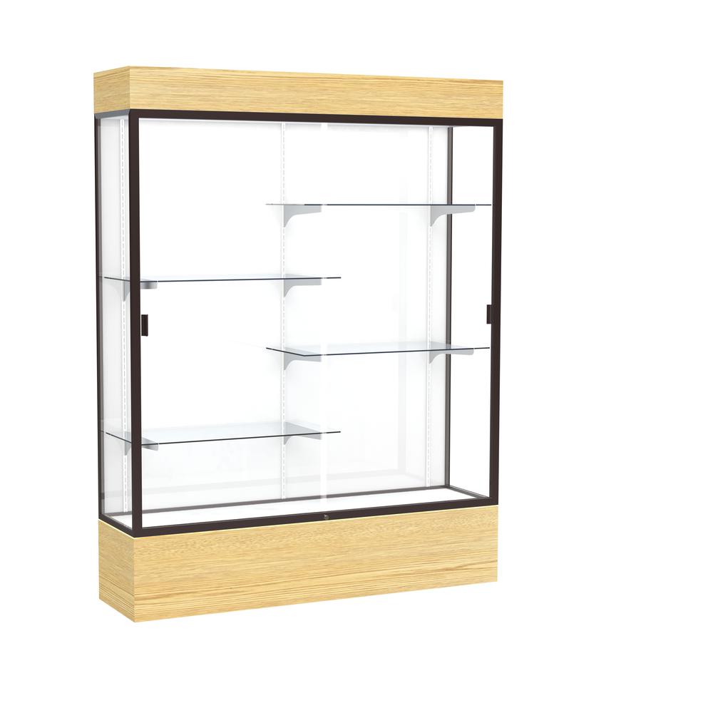 Reliant   60"W x 80"H x 16"D  Lighted Floor Case, White Back, Dk. Bronze Finish,  Lt. Oak Vinyl Base. Picture 1