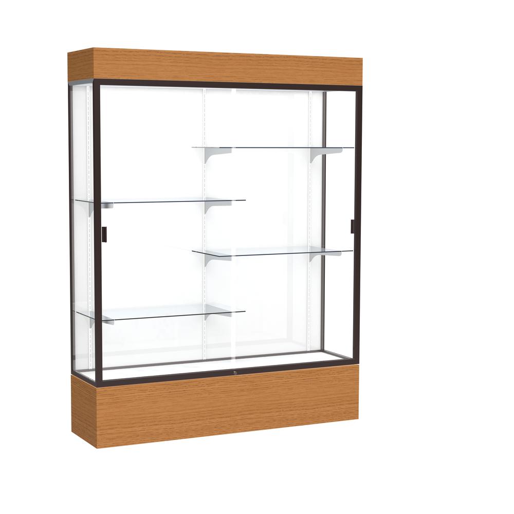 Reliant   60"W x 80"H x 16"D  Lighted Floor Case, White Back, Dk. Bronze Finish,  Carmel Oak Base. Picture 1