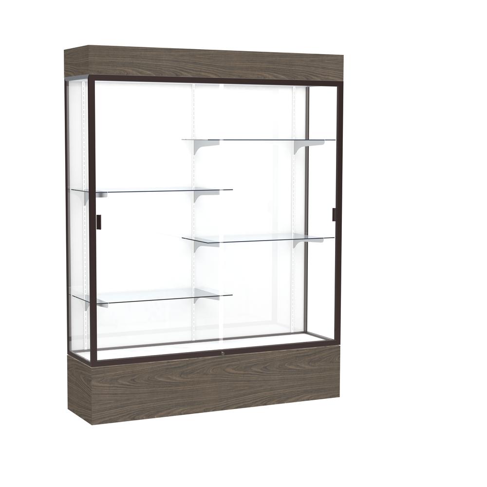 Reliant   60"W x 80"H x 16"D  Lighted Floor Case, White Back, Dk. Bronze Finish,  Walnut Vinyl Base. Picture 1