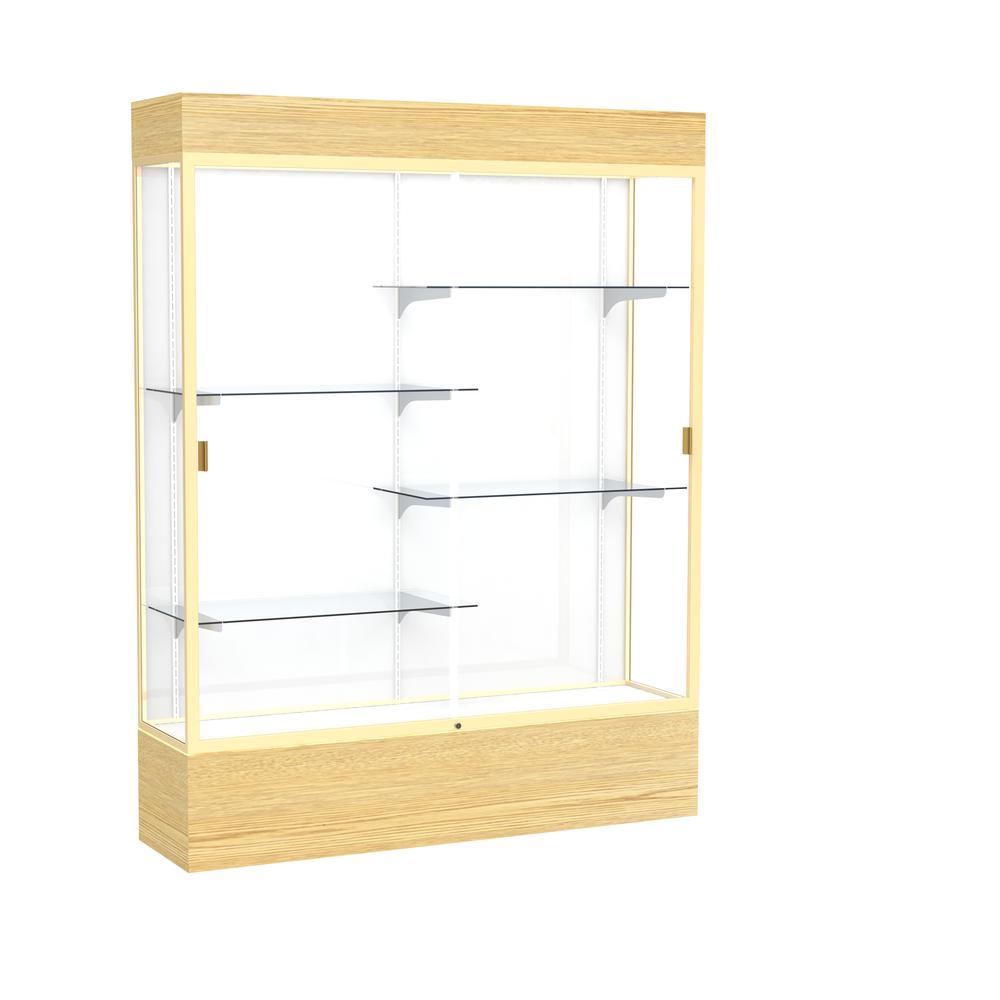 Reliant   60"W x 80"H x 16"D  Lighted Floor Case, White Back, Champagne Finish,  Lt. Oak Vinyl Base. Picture 1