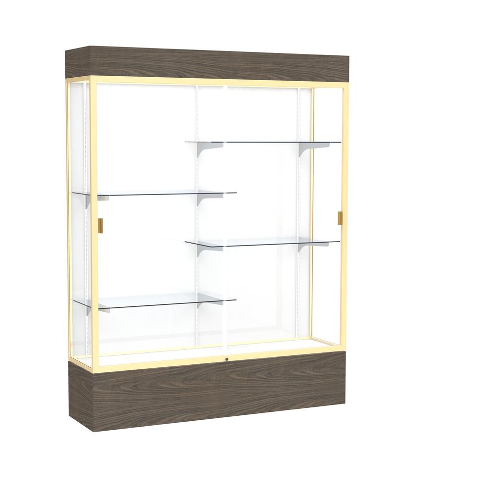 Reliant   60"W x 80"H x 16"D  Lighted Floor Case, White Back, Champagne Finish,  Walnut Vinyl Base. Picture 1