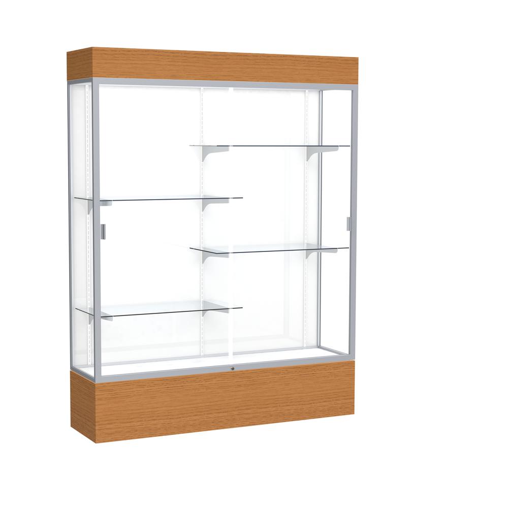 Reliant   60"W x 80"H x 16"D  Lighted Floor Case, White Back, Satin Finish,  Carmel Oak Base. Picture 1