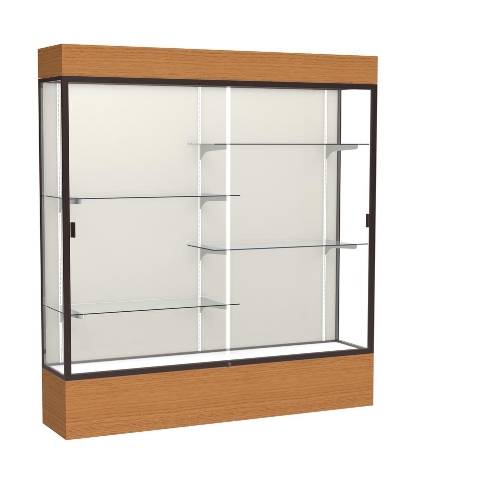 Reliant   72"W x 80"H x 16"D  Lighted Floor Case, Plaque Back, Dk. Bronze Finish,  Carmel Oak Base. Picture 1